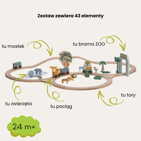 Drewniany pociąg z torami i figurkami zwierząt ZOO 43 elementy FREEON