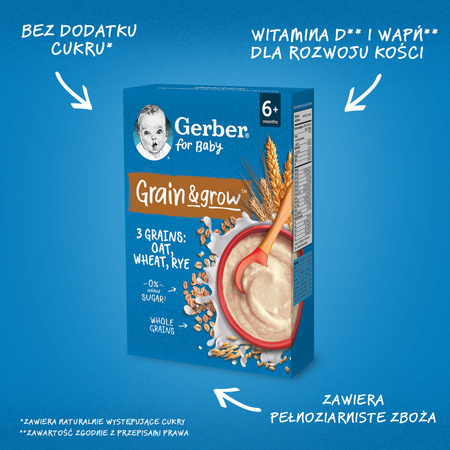 GERBER Grain& Grow Kaszka 3 Zboża dla niemowląt po 6. miesiącu 200g