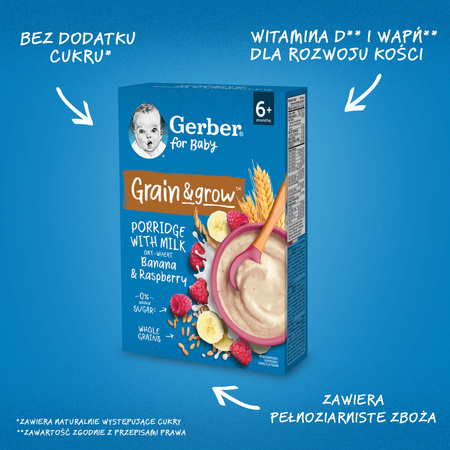 GERBER Grain&amp; Grow Kaszka owsiano-pszenna mleczna Banan Malina 200g